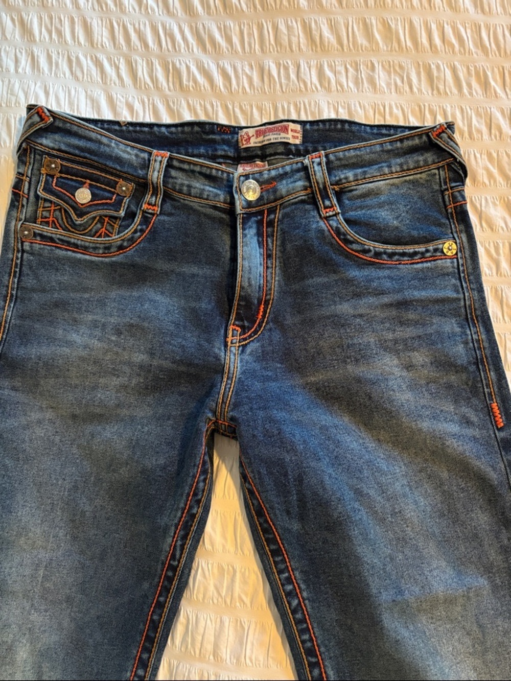True Religion Blue Denim Jeans with Red Label Accents